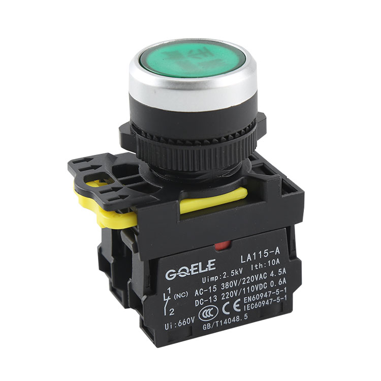 LA115-A5-11BD 1NO+1NC High Quality Momentary & Illuminated Flush Push Button With Round Green Head And Symbol