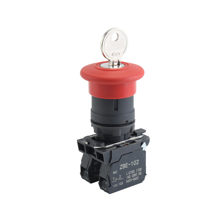 High Quality 1NO & 1NC Red Key Control Emergency Stop Plastic Push Button Switch WithΦ40 Mushroom Shape Head And Key Rotating Release